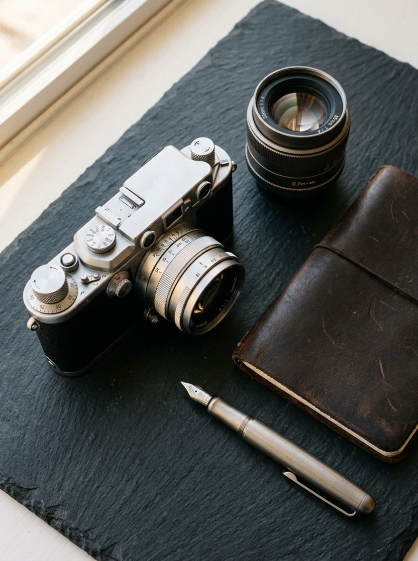 Silver rangefinder camera with prime lens, spare 50mm lens, dark leather pocket notebook and titanium fountain pen on slate.
