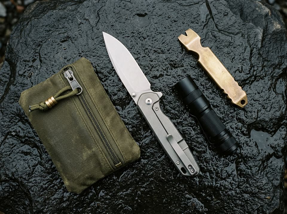Stonewashed titanium folding knife, black aluminum flashlight, solid brass prybar and olive waxed-canvas pouch on wet basalt.
