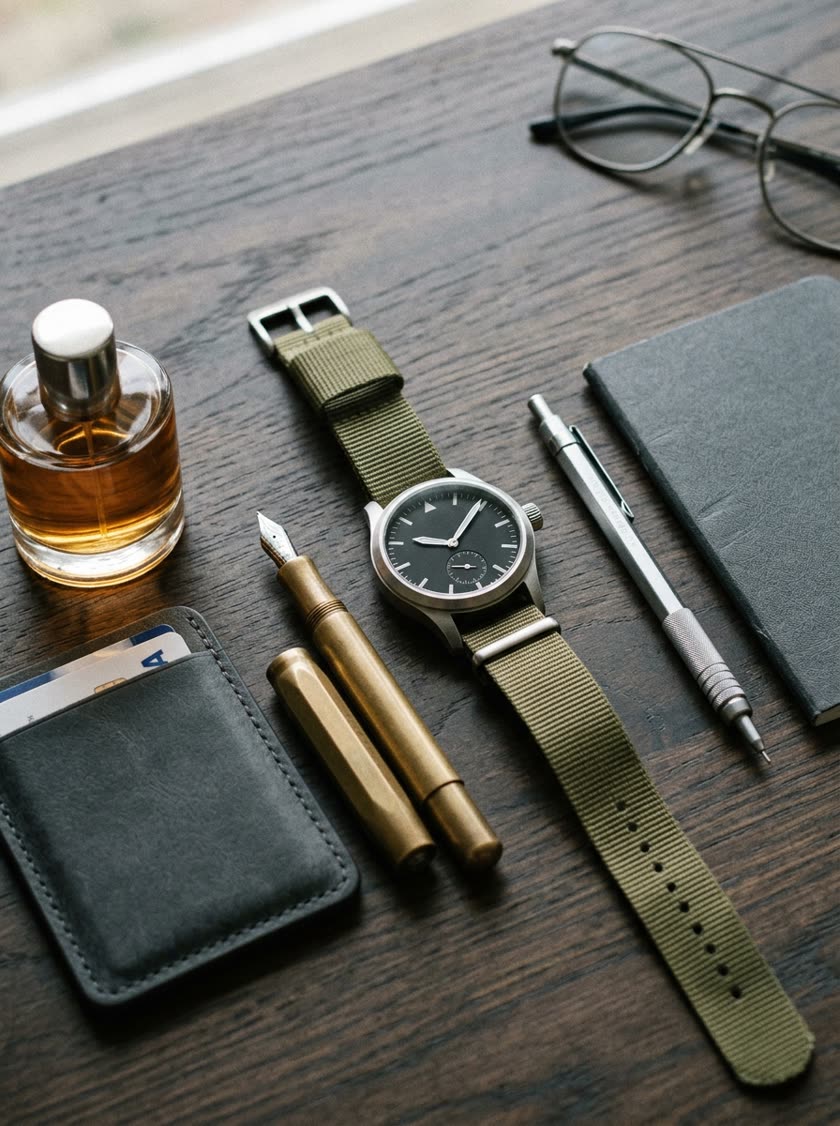 Brushed steel field watch on olive strap, uncapped brass fountain pen, leather cardholder and glass fragrance bottle on dark oak.