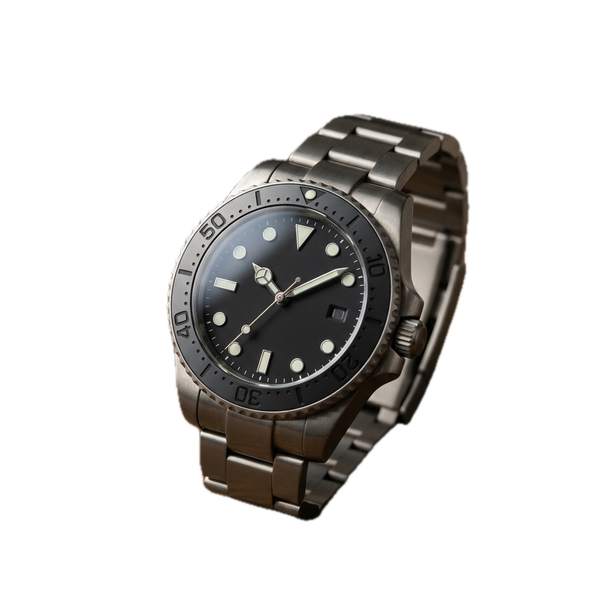 The same titanium diver watch cleanly isolated from its background.