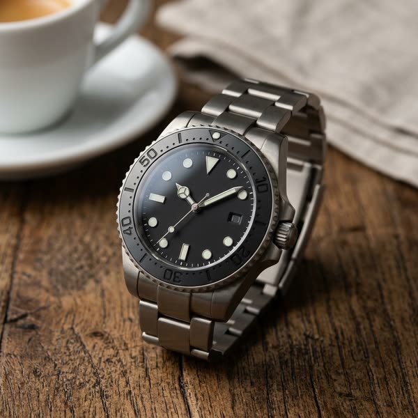 Brushed titanium automatic diver watch resting on a wooden cafe table next to an espresso cup.