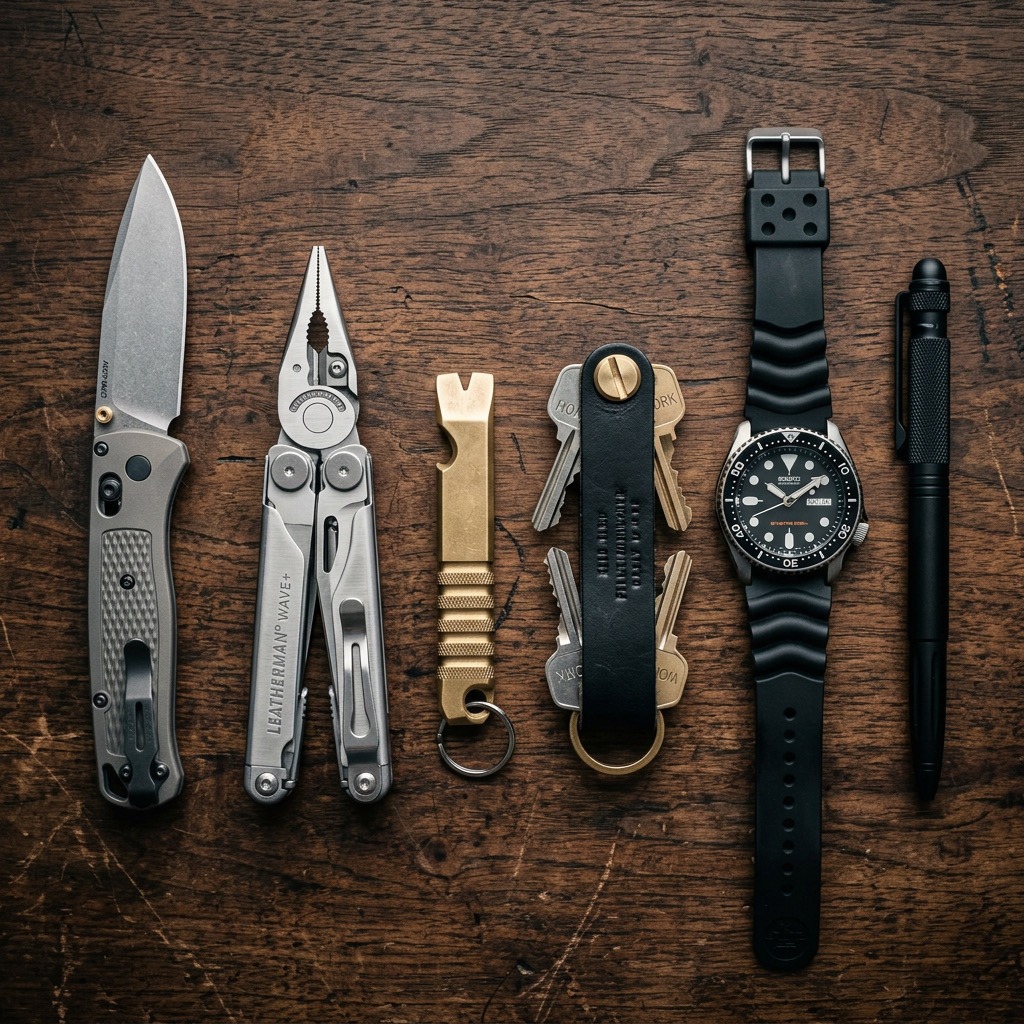 Everyday carry flatlay on dark rustic wood: titanium folding knife, multi-tool, brass prybar, leather key organizer, automatic diver watch, and machined bolt pen.