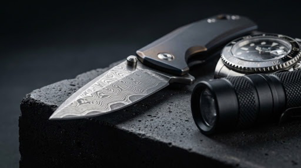 Macro close-up of a Damascus steel folding blade, ceramic diver watch bezel and knurled black flashlight.