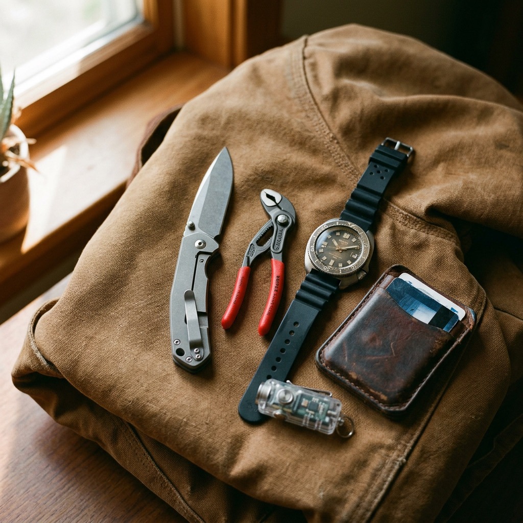 Everyday carry pocket dump on a waxed canvas jacket: titanium folding knife, mini pliers, vintage diver watch, and leather wallet.