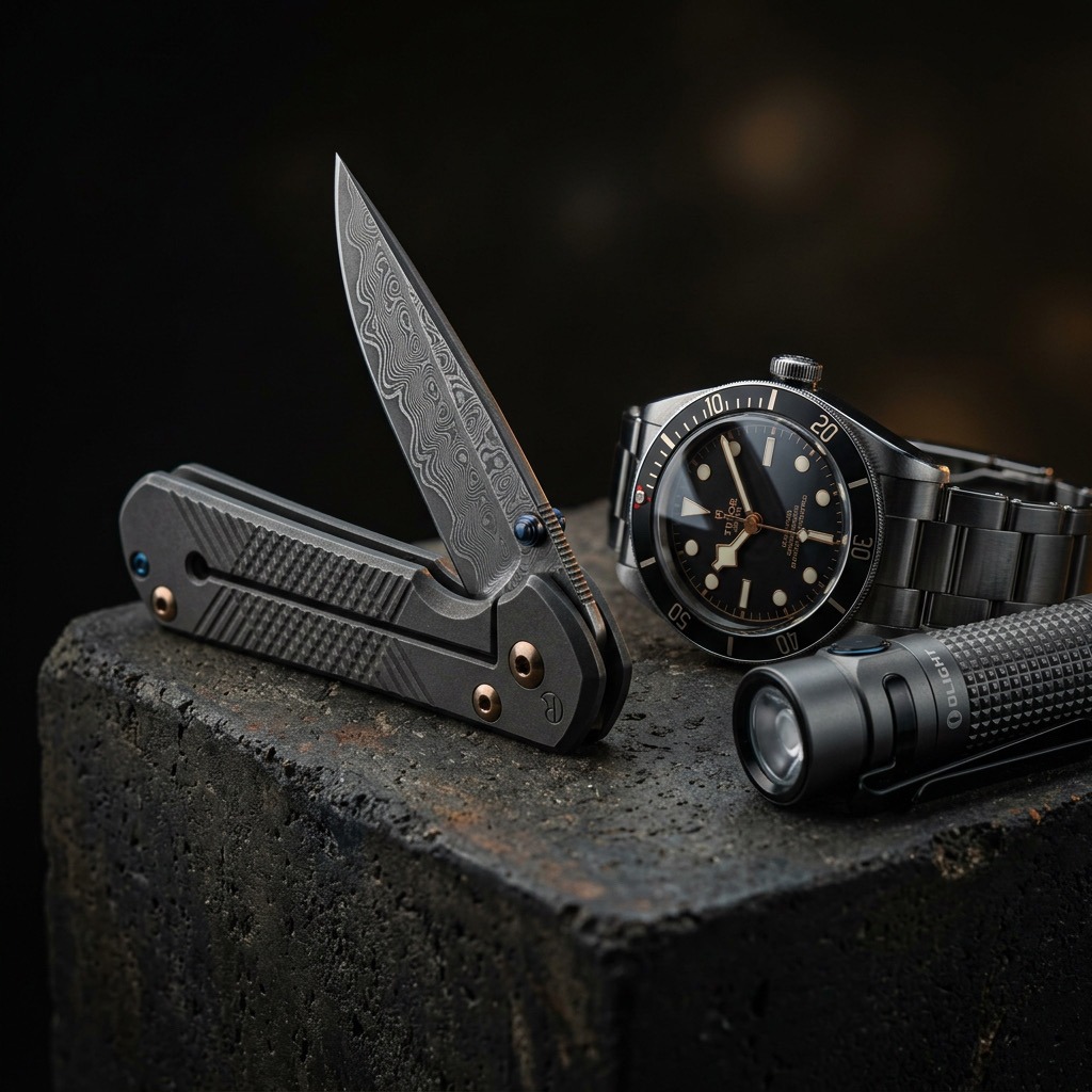 Automatic diver watch, Damascus folding knife and compact flashlight on dark stone.